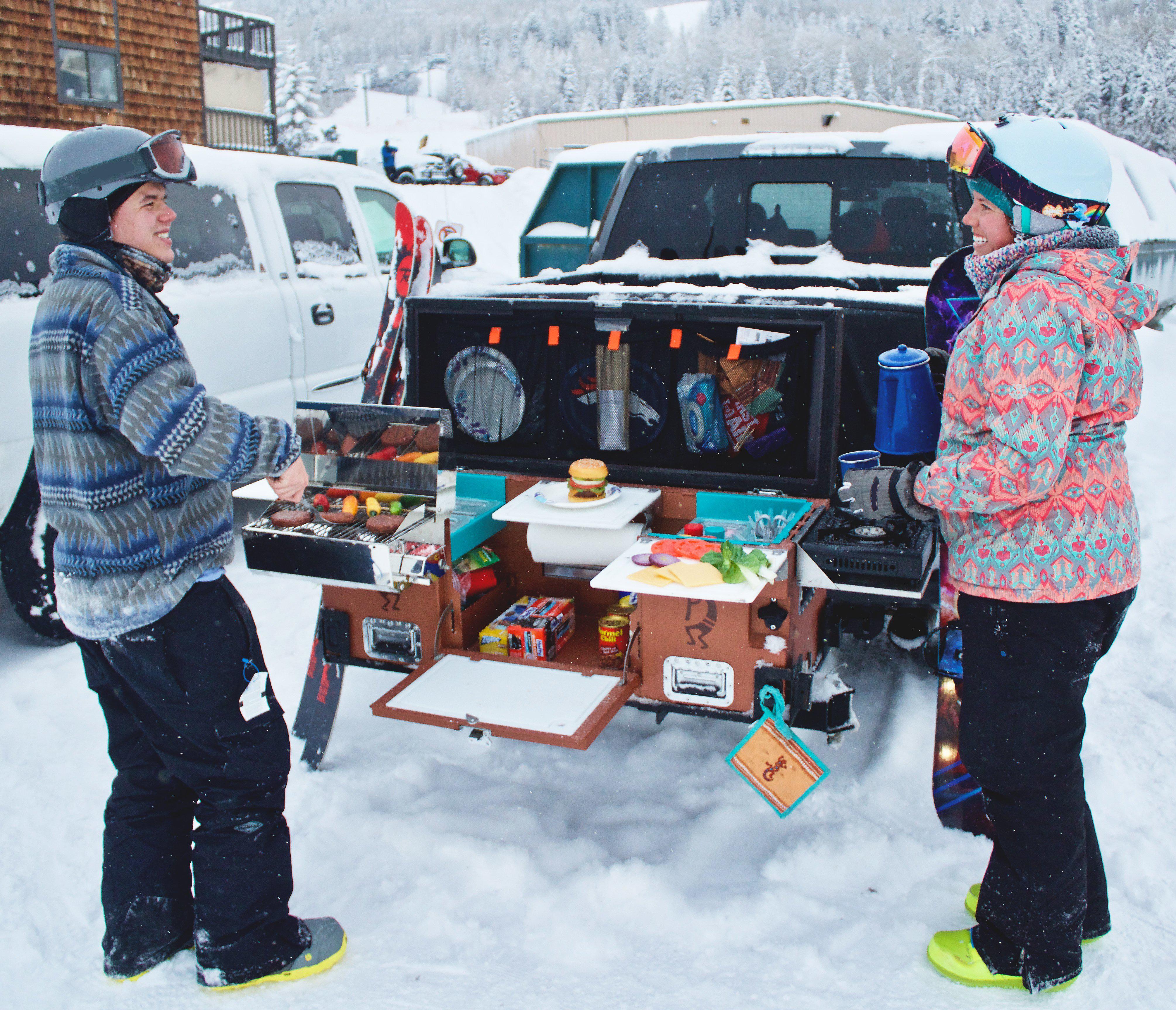 Tailgate N Go fully kitted and being used in the snow by skiers.